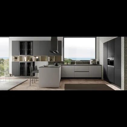 Cucina Moderna con penisola Zante finitura stone sabbia e matt cenere di Mobilturi