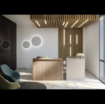 Bancone Reception OF60 diviso in due postazioni, una in Faggio nobilitato e l'altra in laccato opaco Visone di Giessegi